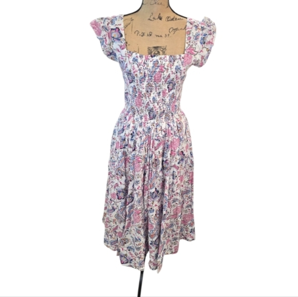 Caroline Constas Floral Print Midi Tie Back Pink Blue Women's Dress Size Medium